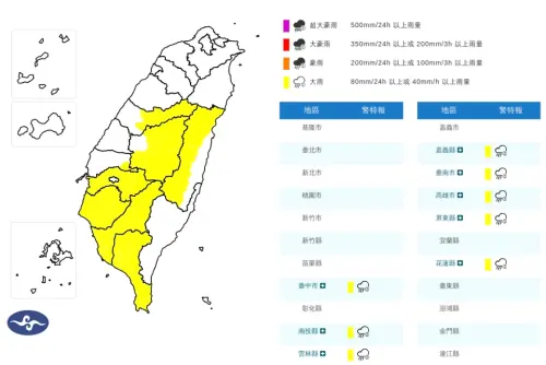 大雨特報／暴雨下到入夜！台南、高雄炸大雨　最新警戒範圍一圖看