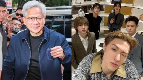 ▲黃仁勳（左圖）此趟來台穿Dior外套，Cortis年初受邀出席Dior活動，也穿該品牌服飾。（圖／記者趙文彬攝、翻攝自CORTIS IG）
