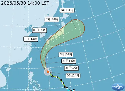 ▲薔蜜颱風今（30）日14時的中心位置在鵝鑾鼻東南東方1000公里之處，周日路徑會北轉往日本靠近。（圖／中央氣象署提供）