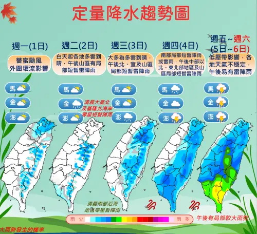 ▲薔蜜颱風的外圍環流，今明兩天會替台灣帶來北風、東北風，因此桃園以北、宜蘭等迎風面，會出現局部的短暫陣雨。（圖／中央氣象署）