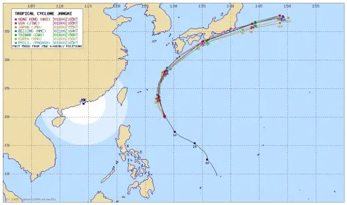 ▲觀察各國針對薔蜜颱風的預估路徑，基本上都是「拋物線」朝日本東部接近。（圖／翻攝Typhoon2000）