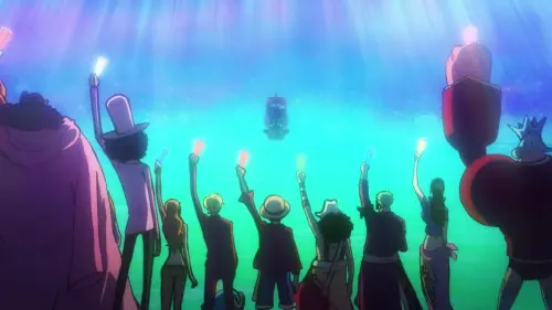 ▲《ONE PIECE》航海王草帽海賊團在《A-RA-SHI : Reborn》MV中高舉應援棒，象徵與ARASHI「嵐」跨越次元的夥伴羈絆。（圖／翻攝自 A-RA-SHI : Reborn ）