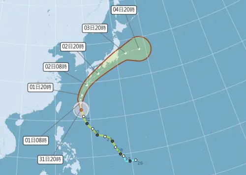 ▲薔蜜颱風轉彎北上，對台灣無直接影響，但外圍環流會導致北部、宜蘭出現雨勢。（圖／中央氣象署）