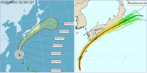 ▲中颱薔蜜今（1）日掠過琉球群島附近，為北部及東北部帶來些許水氣，迎風面有局部短暫雨機會，北台灣氣溫略降。（圖／翻攝自「氣象應用推廣基金會．老大洩天機」專欄）