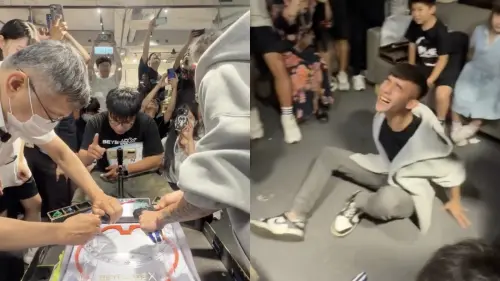 ▲柯文哲（左圖左）打戰鬥陀螺，生涯首戰擊敗年輕對手，對方崩潰坐地。（圖／翻攝自Threads）