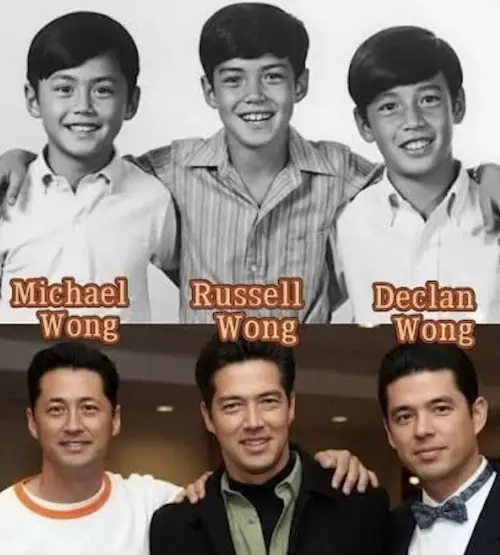 ▲網路流傳王敏德（下排左起）、王盛德、Declan Wong童年與成年合照的對照，其實是錯的，王敏德指出上排最右邊的男生是他的四哥，Declan是三哥。（圖／翻攝自抖音）
