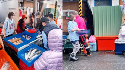 ▲李亦捷（穿連帽上衣者）早前在南方澳市場叫賣魚貨，她認真跟魚販學習，不恥下問，以熱情擄獲顧客的心。（圖／翻攝自李亦捷IG@haha81911）