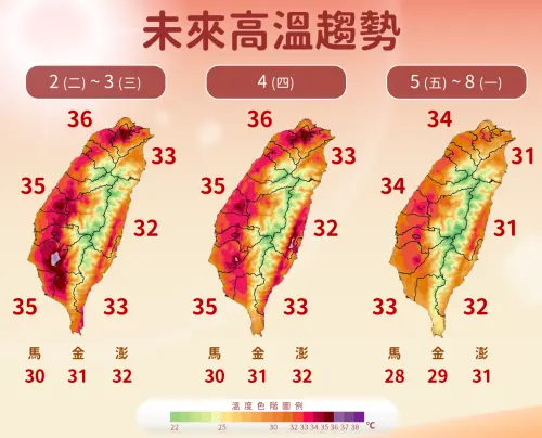 ▲本周前半段氣溫依舊偏高，下半周隨著水氣變多，氣溫也會逐漸下滑。（圖／中央氣象署）