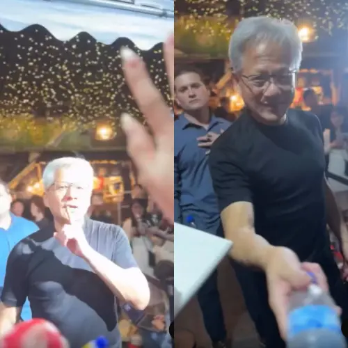 ▲面對眾人爭搶冰水，黃仁勳比出「噓」的手勢，下一秒說「Lady first」，接著把一瓶水遞給幸運女粉絲。（圖／網友shinyu0630授權提供）