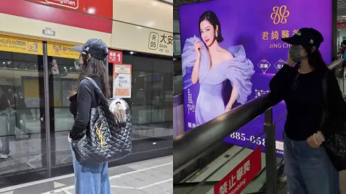 ▲陳美鳳現身捷運淡水信義線，與自己代言的醫美廣告燈箱合影。（圖／翻攝自陳美鳳臉書）