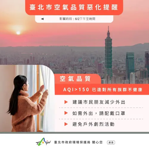 ▲北市環保局晚間也提到，北市今（2）日下午４點空氣品質不良已達對所有族群不健康等級(AQI>150對所有人不健康等級)，且會持續到明（3）日。（圖／北市環保局）