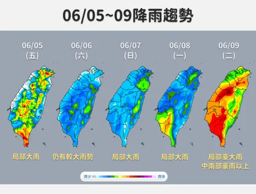 ▲低壓系統逐漸逼近，周五起全台有雨，各地要嚴防較大雨勢，下周更是有豪雨肆虐。（圖／中央氣象署）