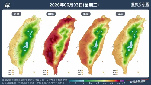 ▲台灣颱風論壇表示，今日天氣轉為西南風或偏南風，各地高溫訊號依然明顯，尤其西半部普遍炎熱，其中雙北、中南部內陸、花東縱谷有機會出現36度以上高溫。（圖／台灣颱風論壇｜天氣特急）