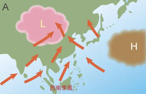 ▲西南季風帶來的海洋上暖溼氣流，台灣地區就容易出現大雨、豪雨，尤其在中南部迎風面地區。（圖／中央氣象署）