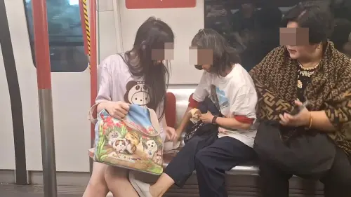 ▲香港Threads瘋傳的影片顯示，一名年輕女生坐在港鐵車廂博愛座，遭旁邊的老婦人抓頭髮用力搖晃，頭部幾乎撞上欄杆。（圖／Threads@ba_azusa）