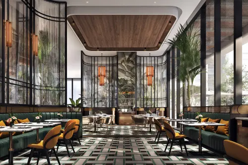 ▲全日餐廳「花漾 BELLE ÉPOQUE BRASSERIE」以亞熱帶花園為靈感，延續「 Belle Époque 美好年代」所象徵的愉悅與優雅。（圖／業者提供）