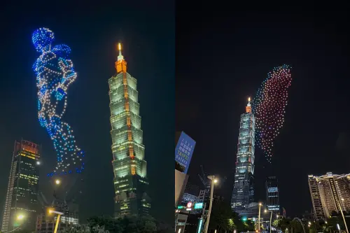 ▲千架無人機在空中排成機器人、台灣島嶼的圖騰。（圖／翻攝自賈永婕的跑跳人生臉書）
