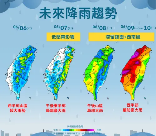 ▲低壓系統逐漸逼近，周五起全台有雨，各地要嚴防較大雨勢，下周更是有豪雨肆虐。（圖／中央氣象署）