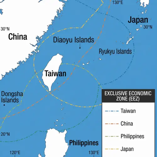 Map shows the shows the exclusive economic zones claimed by Taiwan, China, Japan, and the Philippines, as well as overlapping maritime areas. (TCN)
