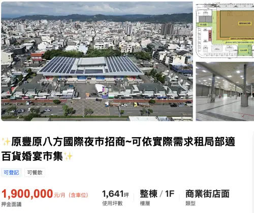 ▲求生轉型！591房屋交易網站上驚見台中豐原「八方夜市」掛牌招租，這座全台最大室內夜市開出月租190萬天價，目前Google地圖已顯示永久歇業。（圖／翻攝自591房屋交易網）
