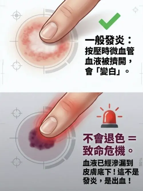 ▲醫師提醒，一般發炎紅疹按壓後通常會暫時變白；若紅點、紫斑按壓後不褪色，可能代表血液已滲漏到皮膚底下，應提高警覺。（圖／翻攝黃軒粉專）