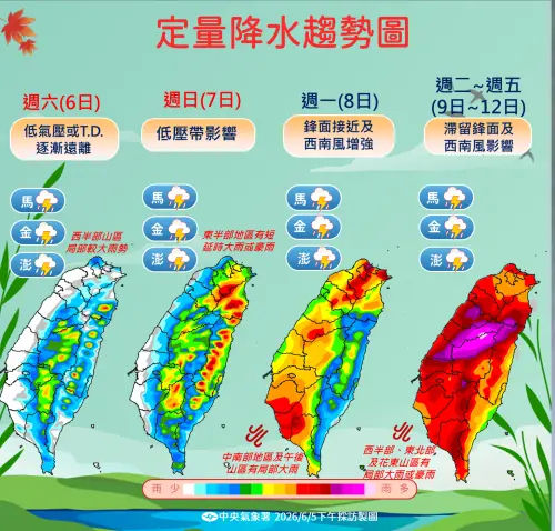 ▲下周二至周五進入梅雨旺盛期，滯留鋒面及西南風影響，全台各地雨勢明顯。（圖／中央氣象署提供）