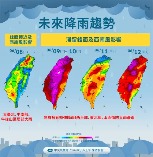 ▲下周二至周四受到滯留鋒面影響，台灣天氣會相當不穩定，降雨可能持續到6月中旬。（圖／中央氣象署提供）