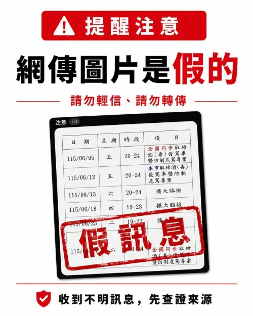 警方取締酒（毒）駕車勤務表外洩?中警澄清：假訊息