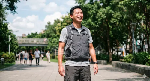 ▲不少人在街頭看過衣服鼓鼓、背後裝著風扇的特殊背心，卻不知道它其實是近年相當熱門的防暑裝備。（示意圖／Gemini製圖、記者賴禹妡製）
