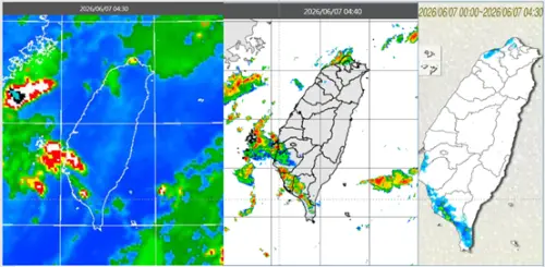▲今晨4：30紅外線色調強化雲圖顯示，台灣西南部有陸風與西南風輻合，激發的雲層。4：40雷達回波合成圖顯示，雲層伴隨回波消長。（圖／氣象應用推廣基金會．洩天機教室）