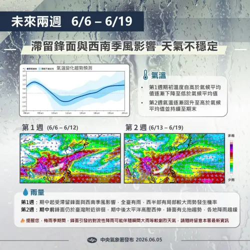 ▲受到滯留鋒面、西南氣流影響，要慎防豪雨以上等級的強降雨可能帶來的危害。（圖／中央氣象署）