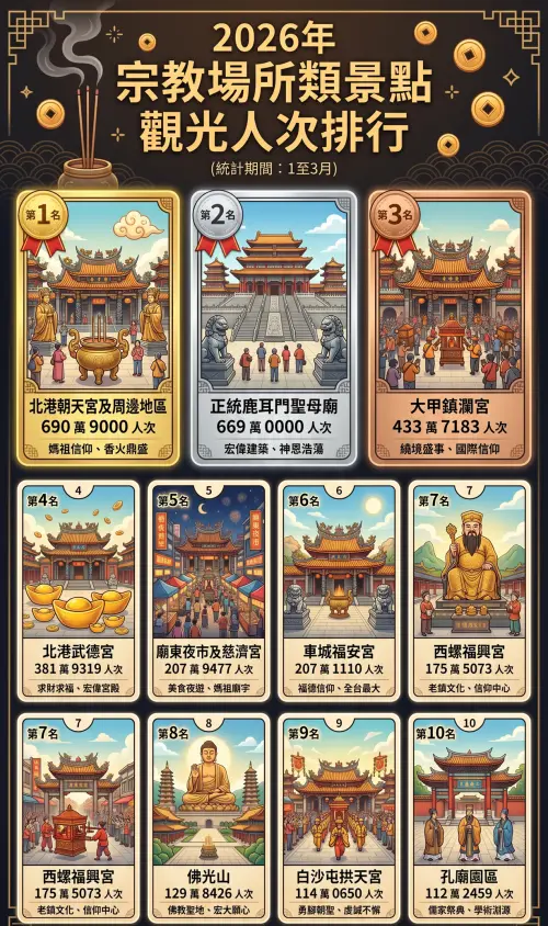 ▲2026年1至3月宗教場所類景點觀光人次排行。（圖／Gemini生成）