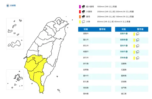 ▲氣象署發布大雨特報，今日嘉義以南地區有局部大雨發生的機率。（圖／中央氣象署）