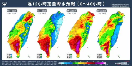 ▲今天下午梅雨鋒面+西南氣流抵達台灣，北部、東部以中午到傍晚為主，需注意大雷雨；中部、南部、澎金馬全天容易下雨，伴隨大雨及陣風。（圖/台灣颱風論壇臉書）