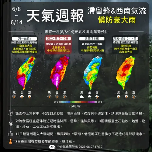▲本周降雨時程一圖看懂！周二、周三雨勢最猛烈，全台灣豪大雨等級，中央氣象署也提醒民眾要特別留意天氣變化。（圖/中央氣象署cwa.gov.tw）