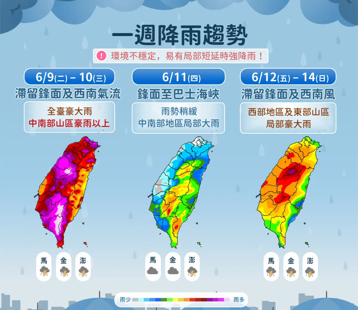 ▲滯留鋒面即將抵達台灣，配合西南氣流影響，氣象署示警，周二、周三全台都有豪雨或大雨。（圖／中央氣象署）