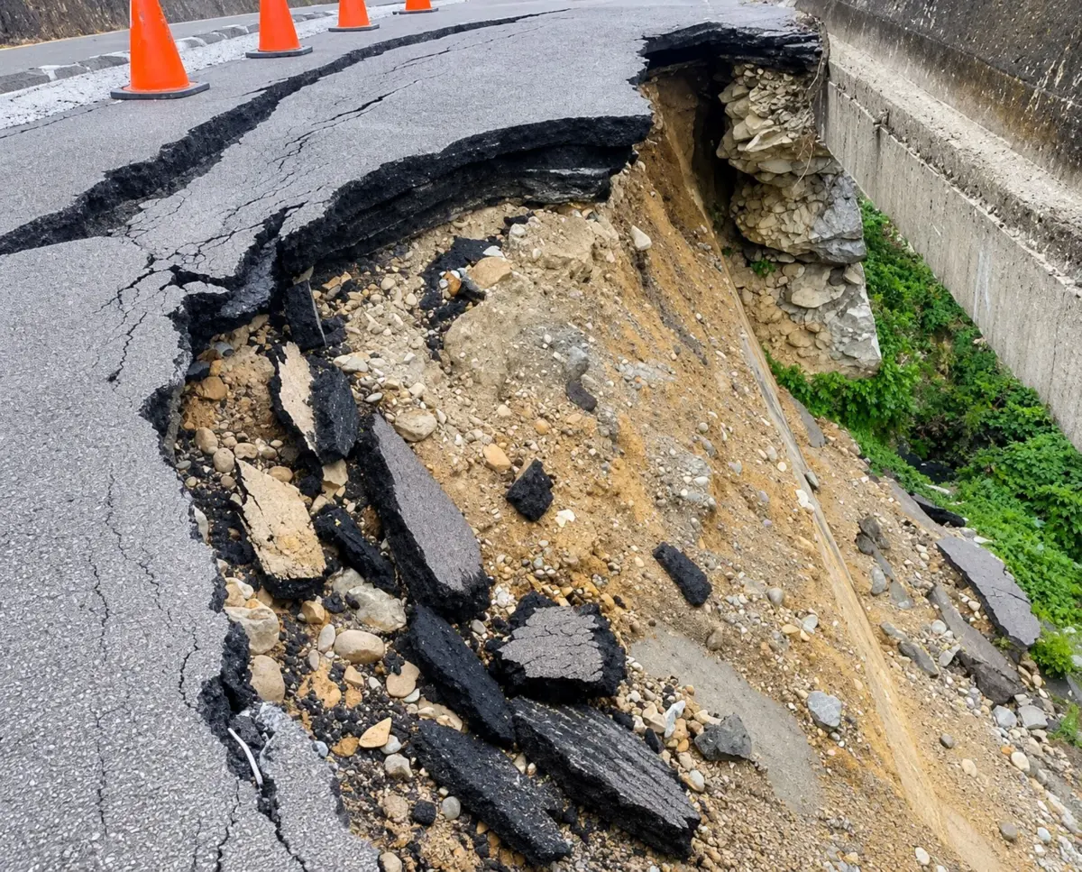 ▲石岡區石岡街頭坪巷13-17號附近道路下邊坡崩塌，將啟動復建工程(圖／民政局提供2026.6.8)