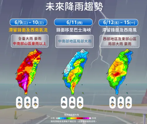 ▲滯留鋒面即將抵達台灣，配合西南氣流影響，氣象署示警，周二、周三全台都有豪雨或大雨。（圖／中央氣象署）