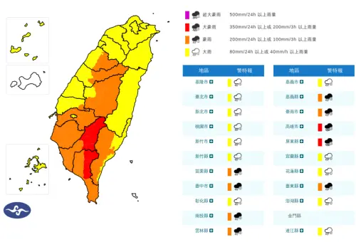 ▲中央氣象署今（8）日發布「豪雨特報」，全台21縣市入列，警戒一路延續到明（9）日晚上。（圖／中央氣象署）