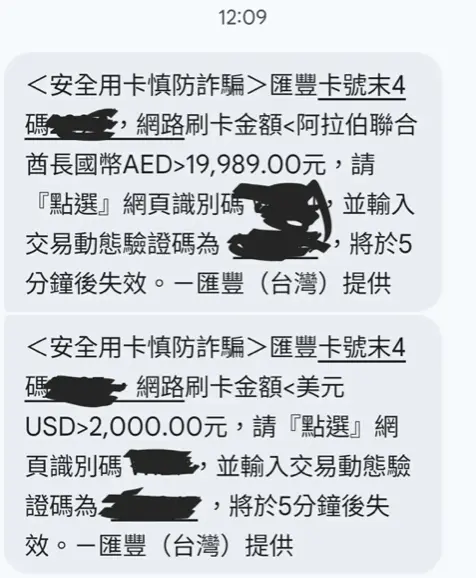 ▲有網友真的輸入信用卡資料之後，立刻就被盜刷兩筆款項，幸好靠OTP簡訊驗證碼擋下才沒有荷包大失血。（圖/Threads）