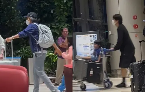 ▲裴勇浚頭髮幾乎全白，化身慈父要牽女兒的手（如左圖），崔泰俊則推著4歲的兒子出現（如右圖）。（圖／翻攝自微博@江南煙雨入紅塵）