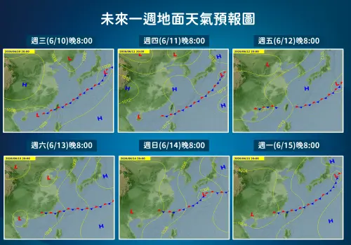 ▲滯留鋒面在周四移動到巴士海峽，降雨趨緩，周五開始慢慢回到台灣上方，各地雨勢再起。（圖／中央氣象署）