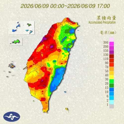 ▲6月9日全台雨量分布圖，南部山區、中部山區是最主要的降雨熱區。（圖／中央氣象署）