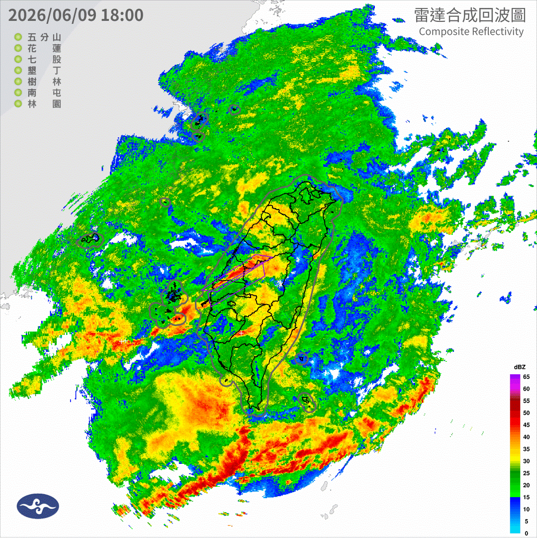 ▲6月9日晚間7時許雷達合成回波圖。（圖／中央氣象署提供）