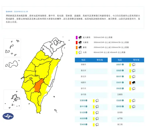 ▲氣象署持續針對12縣市發布豪大雨特報，其中高雄為豪雨特報地區，尤其山區要特別留意。（圖/中央氣象署cwa.gov.tw）