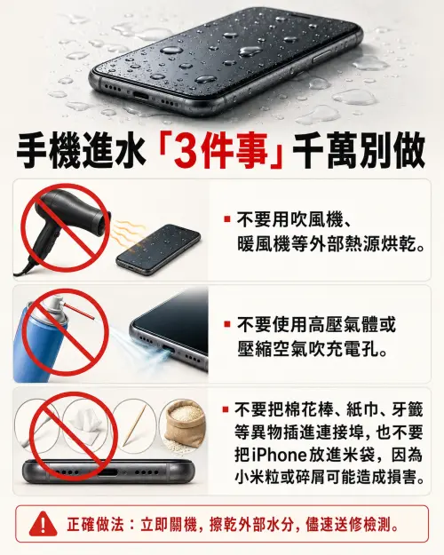 ▲Apple提醒，手機進水後不要使用吹風機、壓縮空氣或把手機放進米袋乾燥。（圖／AI生成，周淑萍監製）