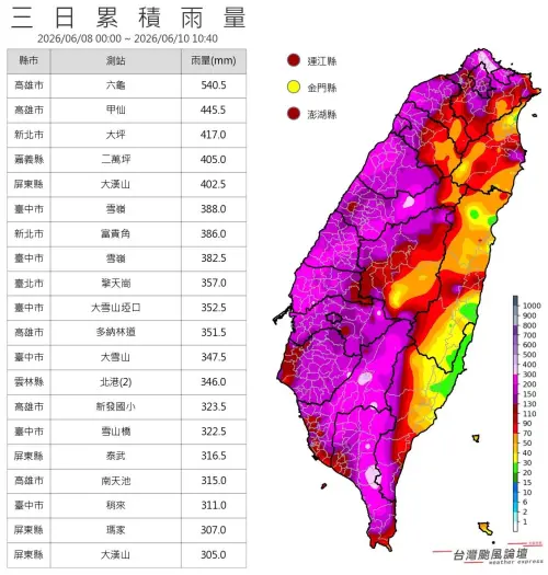 ▲鋒面、西南氣流降雨顯著，中南部地區，短時間累積雨量驚人，高雄六龜3天不到就有540毫米。（圖／「台灣颱風論壇｜天氣特急」臉書）