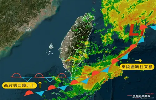 ▲目前梅雨鋒面暫時擺往巴士海峽，各地暫時迎來降雨緩和的空檔。但根據預報顯示，空檔不會持續太久，明天鋒面又將往北擺動，移回台灣上空。（圖／台灣颱風論壇）