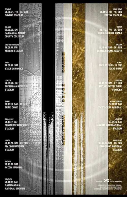 ▲BIGBANG巡演場次公開，台灣10月台北站與明年2月高雄站。（圖／翻攝自臉書）
