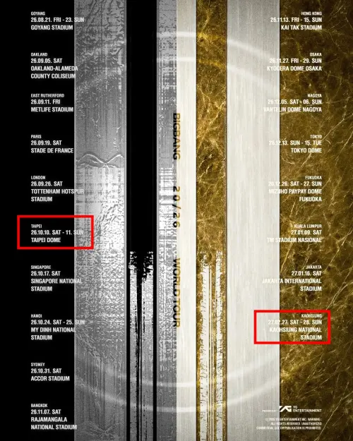 ▲BIGBANG世界巡迴行程表，選台北當第8場開唱，高雄則為第18個壓軸城市，全對上8月18日出生的GD最愛數字。（圖／IG@bigbang_2xx6）